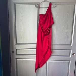 Red One-Shoulder Draped Asymmetrical Dress